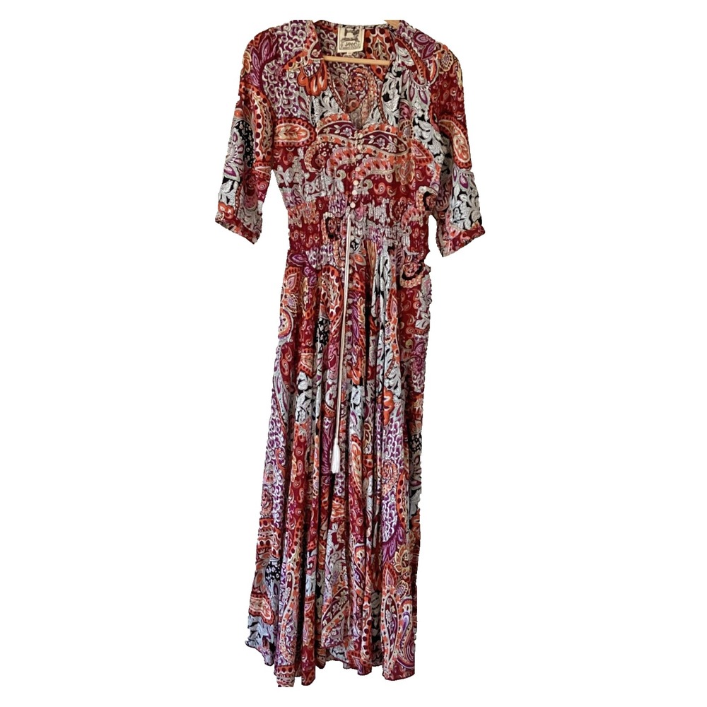 Jase Boho Paisley Maxi Dress XS‎ Smocked Waist 100% Rayon Cottagecore